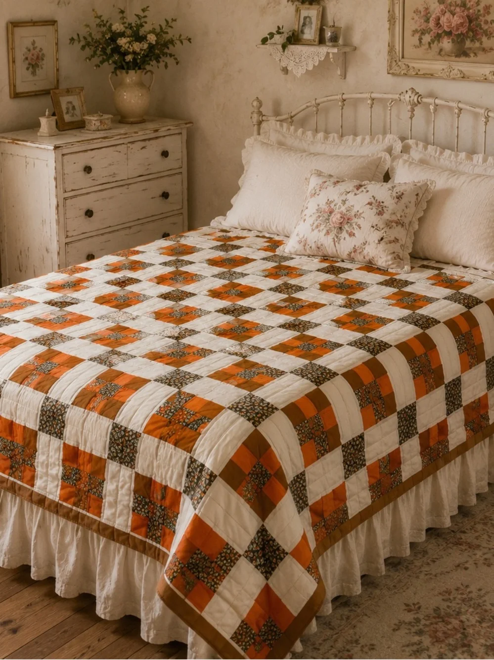 VTG Handmade Appalachian Granny Patchwork Quilt Cream, Orange & Brown 85 x 75